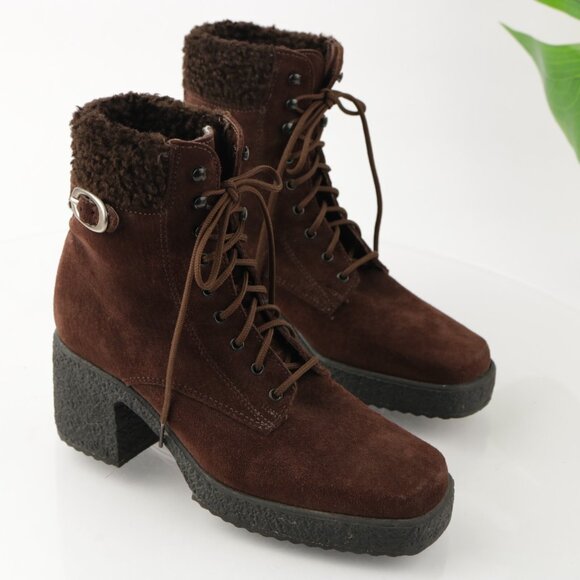 VTG Kamouraska Boot Size 6 Brown Suede Block Heel Lace Up Fur Collar Bootie - Picture 13 of 13